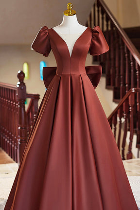 A-Line Satin Floor Length Prom Dress, Elegant Short Sleeve Evening Party Dress