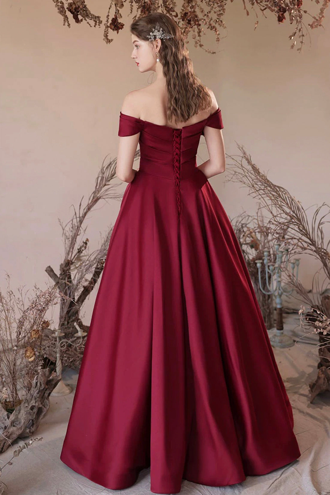 Burgundy Satin Long A-Line Prom Dress, Off the Shoulder Evening Party Dress