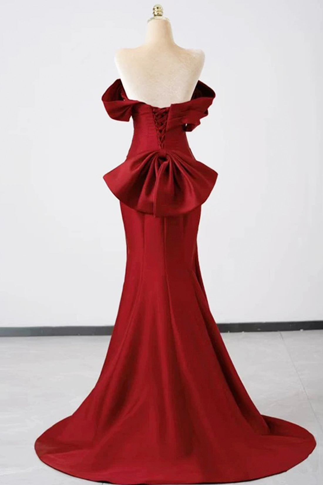 Burgundy Satin Floor Length Prom Dress, Mermaid Off the Shoulder Party Dress