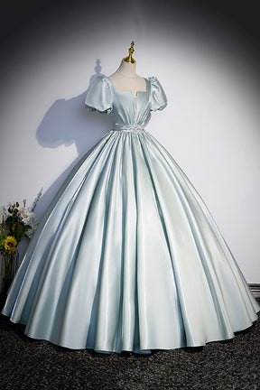 Cute Satin Floor Length Prom Dress, A-Line Short Sleeve Evening Party Dress