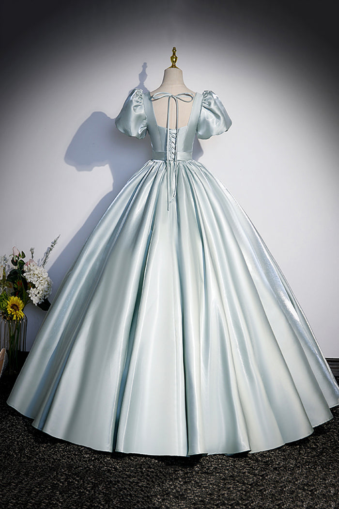 Satin Long A-Line Prom Dress with Pearls Cute Short Sleeve Evening Dress Simple Short Bridesmaid Dresses main image 0