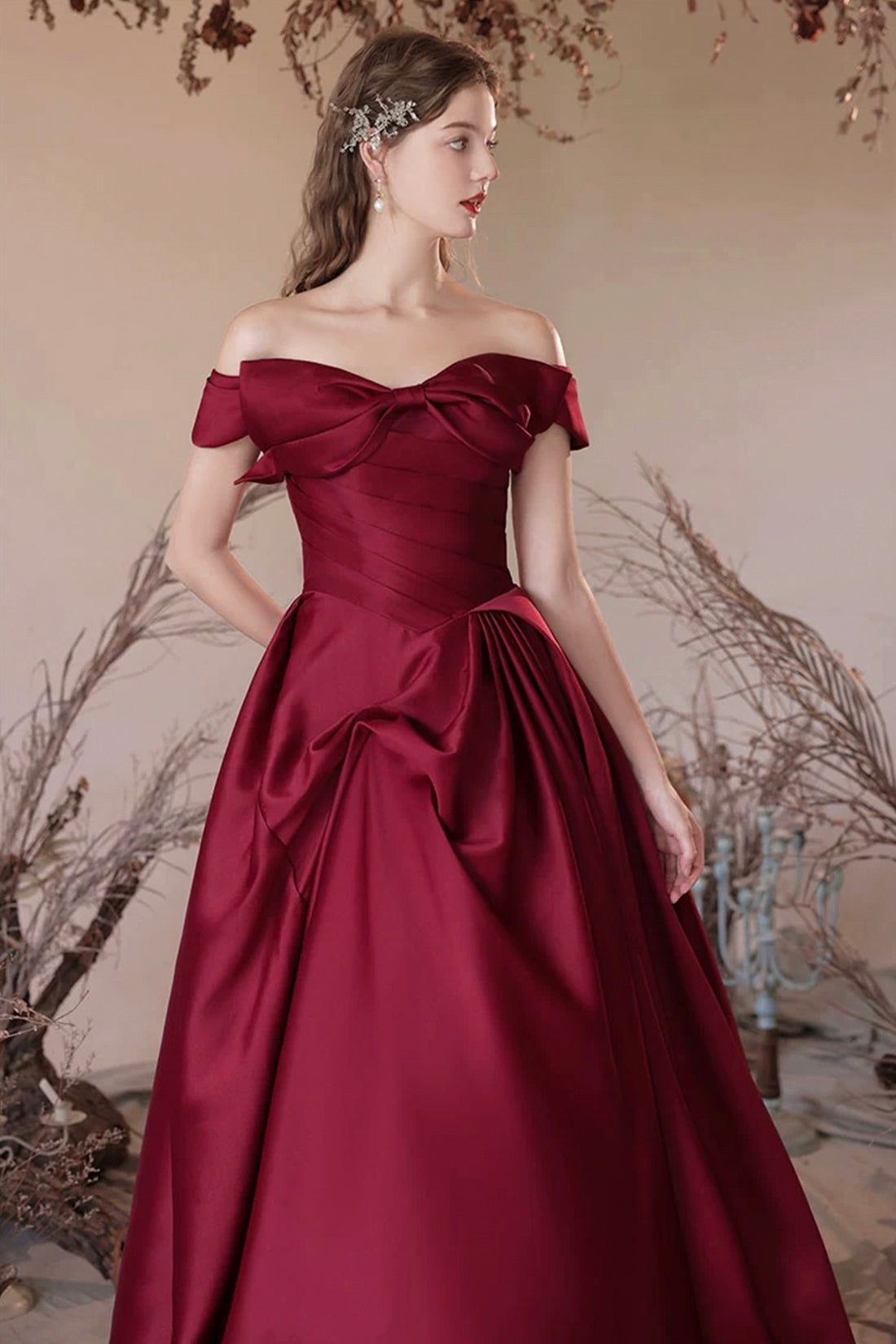 Burgundy Satin Long A-Line Prom Dress, Off the Shoulder Evening Party Dress