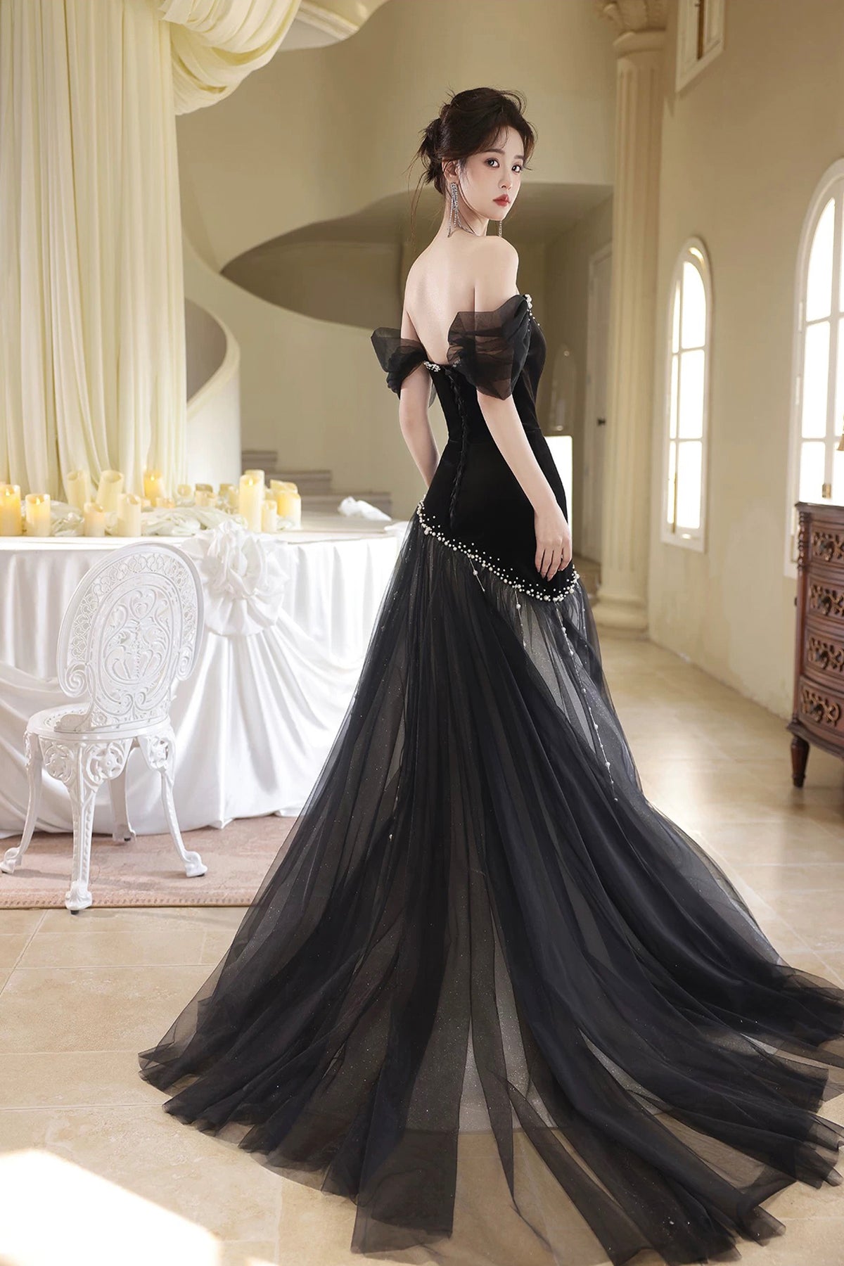 Luxury Black Tulle Mermaid Prom Dress Pearl Beaded Off Shoulder Evening Gown