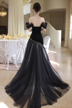 Luxury Black Tulle Mermaid Prom Dress Pearl Beaded Off Shoulder Evening Gown
