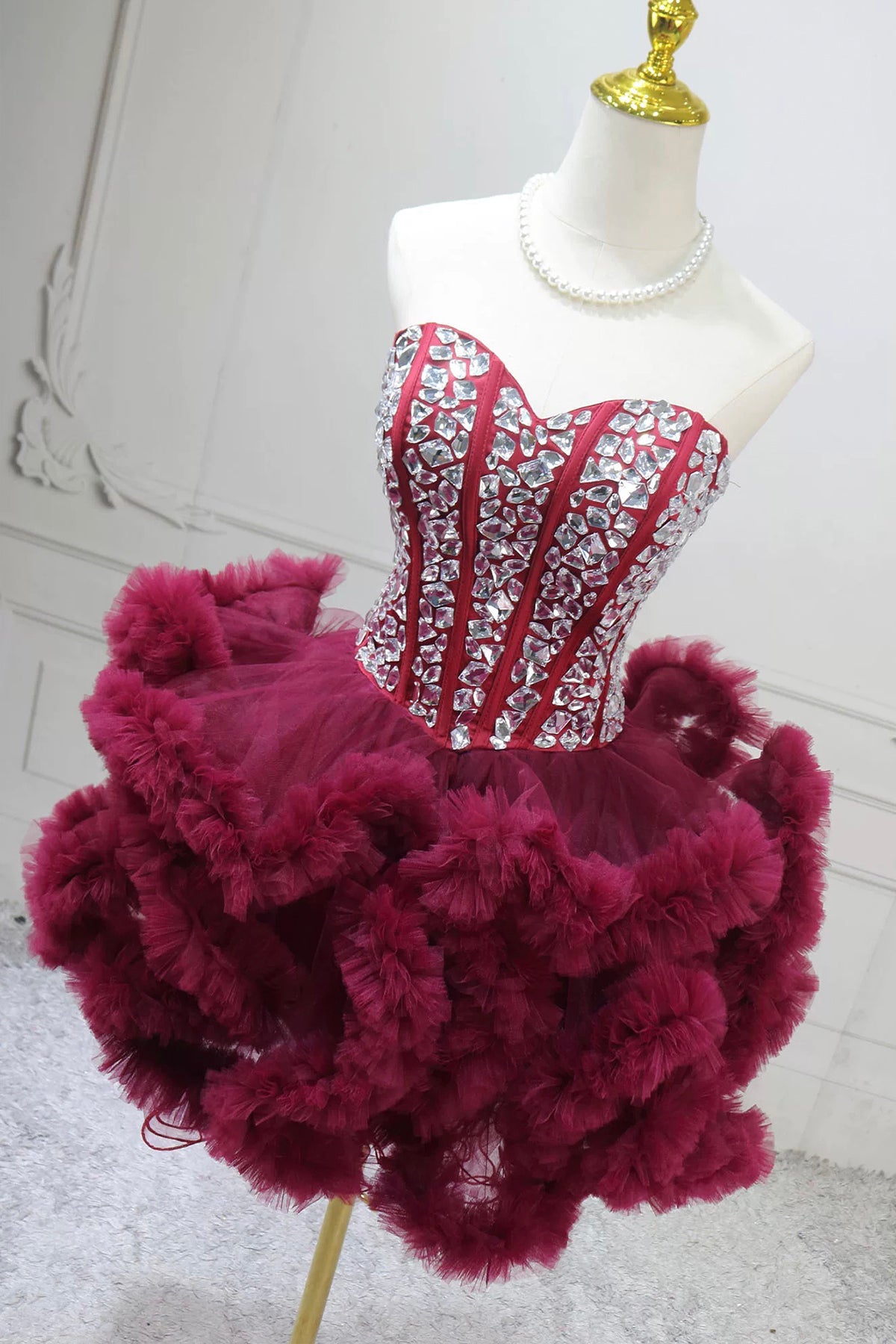 Strapless Burgundy Tulle Short Gown Rhinestone Embellished Party Dress