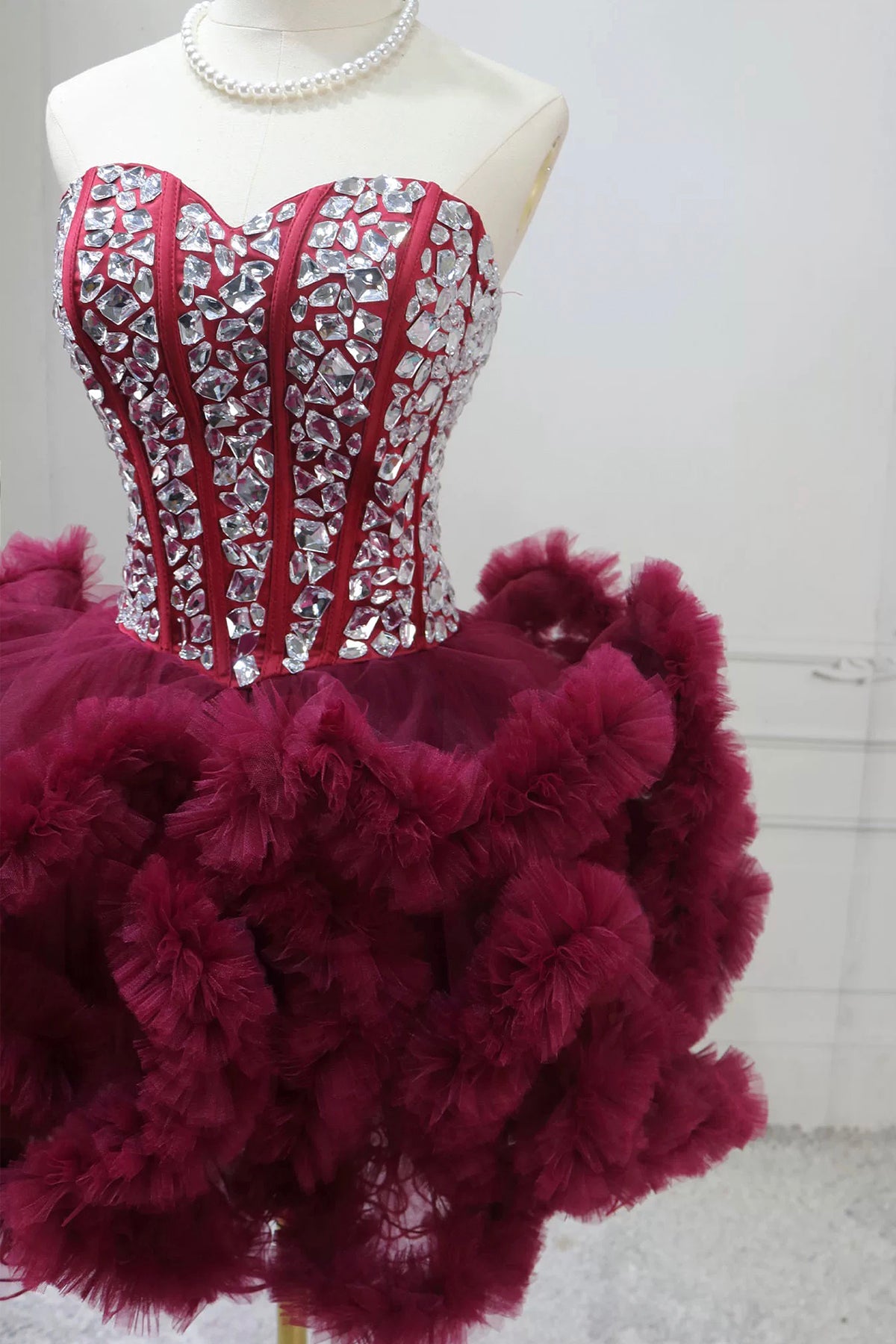 Strapless Burgundy Tulle Short Gown Rhinestone Embellished Party Dress