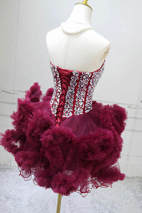 Strapless Burgundy Tulle Short Gown Rhinestone Embellished Party Dress