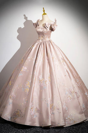 Pink Satin Lace Long Prom Dress, A-Line Scoop Neckline Formal Evening Dress