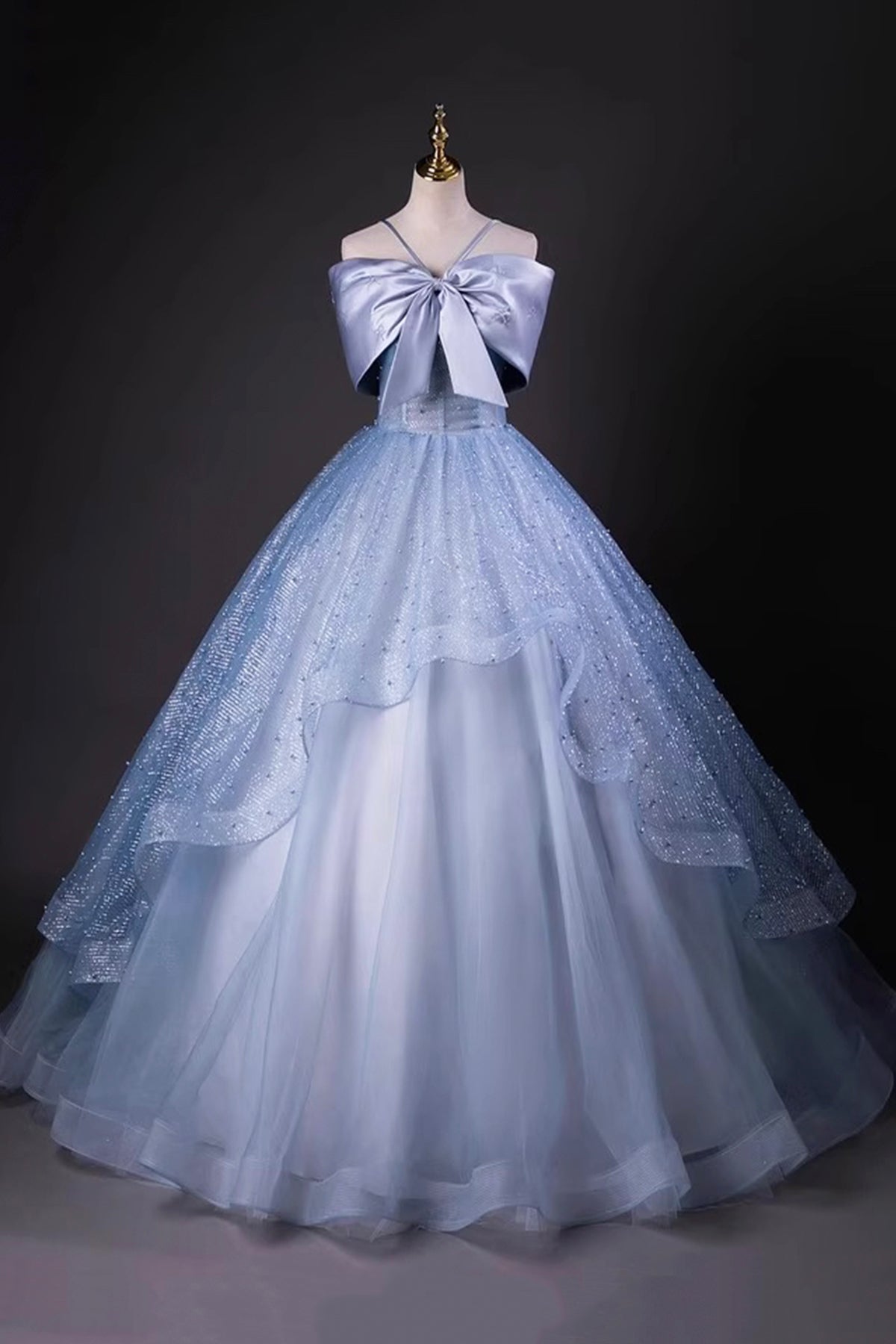 A-Line Tulle Floor Length Prom Dress, Blue Off the Shoulder Party Dress