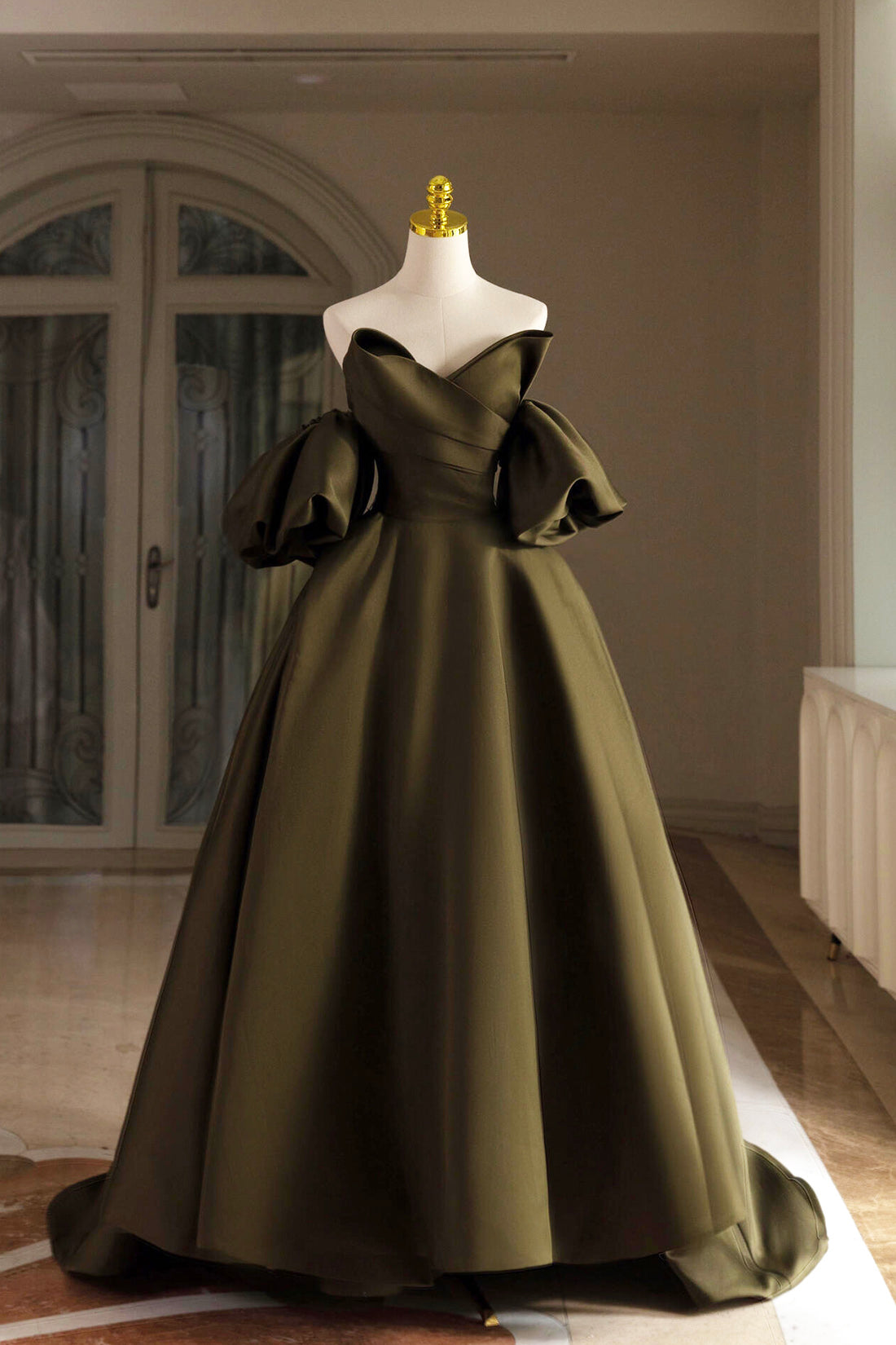 Green Satin Floor Length Party Dress, A-Line Puffy Short Sleeve Evening Prom Dress