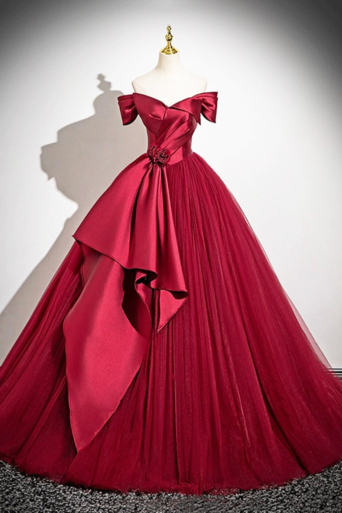 Burgundy Satin and Tulle Long Prom Dress, A-Line Off the Shoulder Party Dress