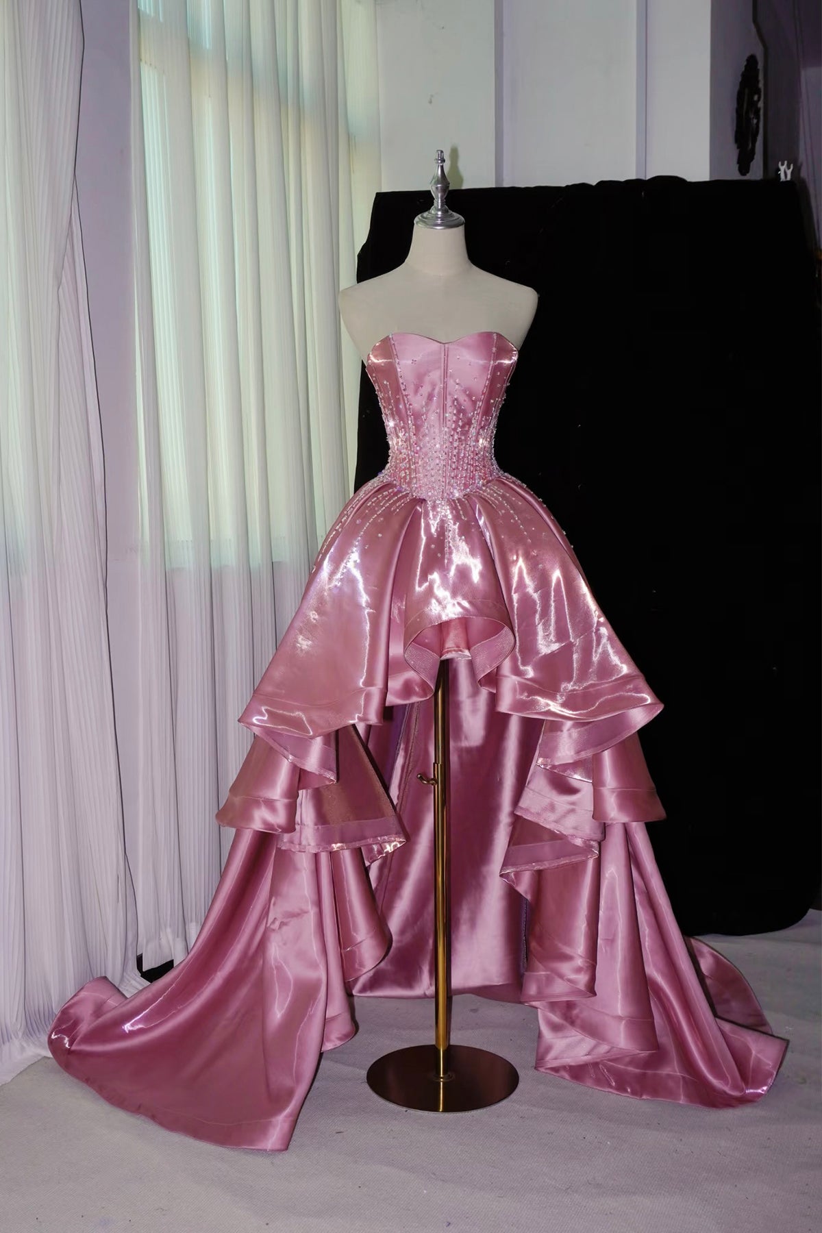 Pink Satin High-Low Ball Gown, Glistening Pearl-Embellished Corset Dress