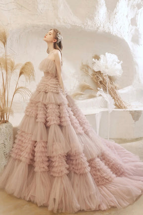 Pale Pink Tulle Layers Long Prom Dresses, Beautiful Strapless Evening Dresses