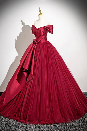 Burgundy Satin and Tulle Long Prom Dress, A-Line Off the Shoulder Party Dress