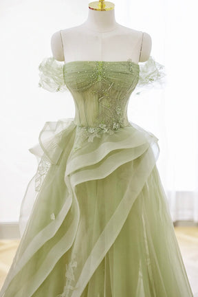 Green Tulle Lace Long Prom Dress with Corset, Green Formal Party Dress