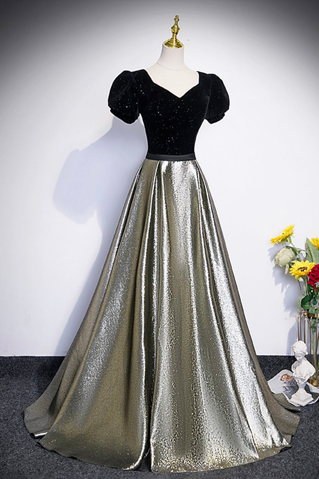 Black Velvet and Shiny Satin Long Prom Dress, Beautiful A-Line Evening Black Velvet and Shiny Satin Long Prom Dress, Beautiful A-Line Evening