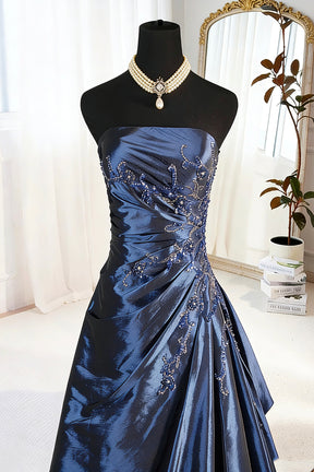 Luxury Royal Blue Satin Ball Gown Strapless Embellished Evening Formal Dress