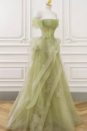 Green Tulle Lace Long Prom Dress with Corset, Green Formal Party Dress