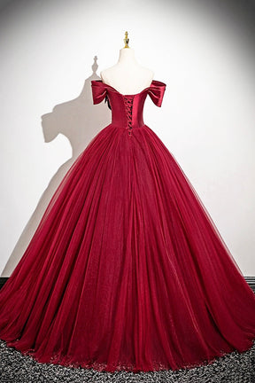 Burgundy Satin and Tulle Long Prom Dress, A-Line Off the Shoulder Party Dress