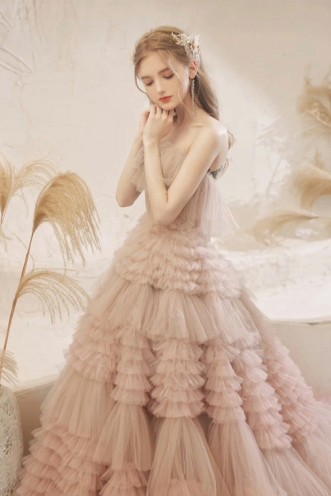 Pale Pink Tulle Layers Long Prom Dresses, Beautiful Strapless Evening Dresses