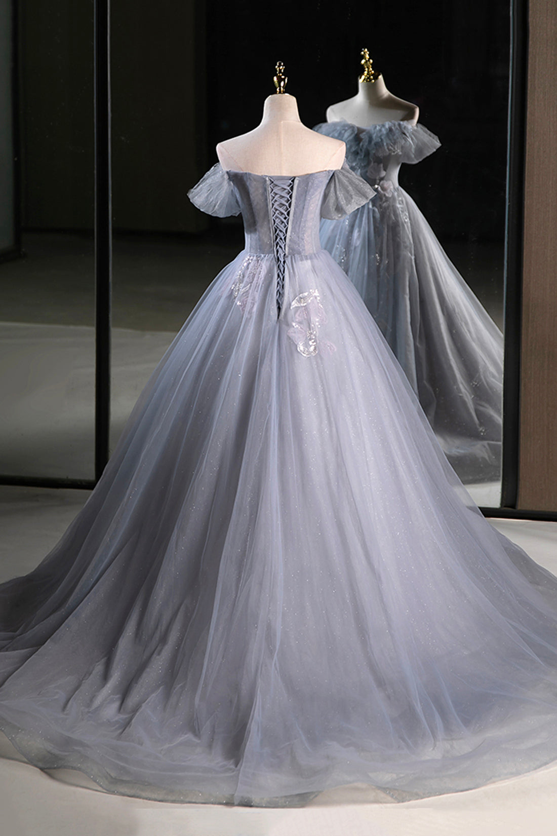 Gray Tulle Floor Length Prom Dress, Beautiful A-Line Off the Shoulder Evening Party Dress