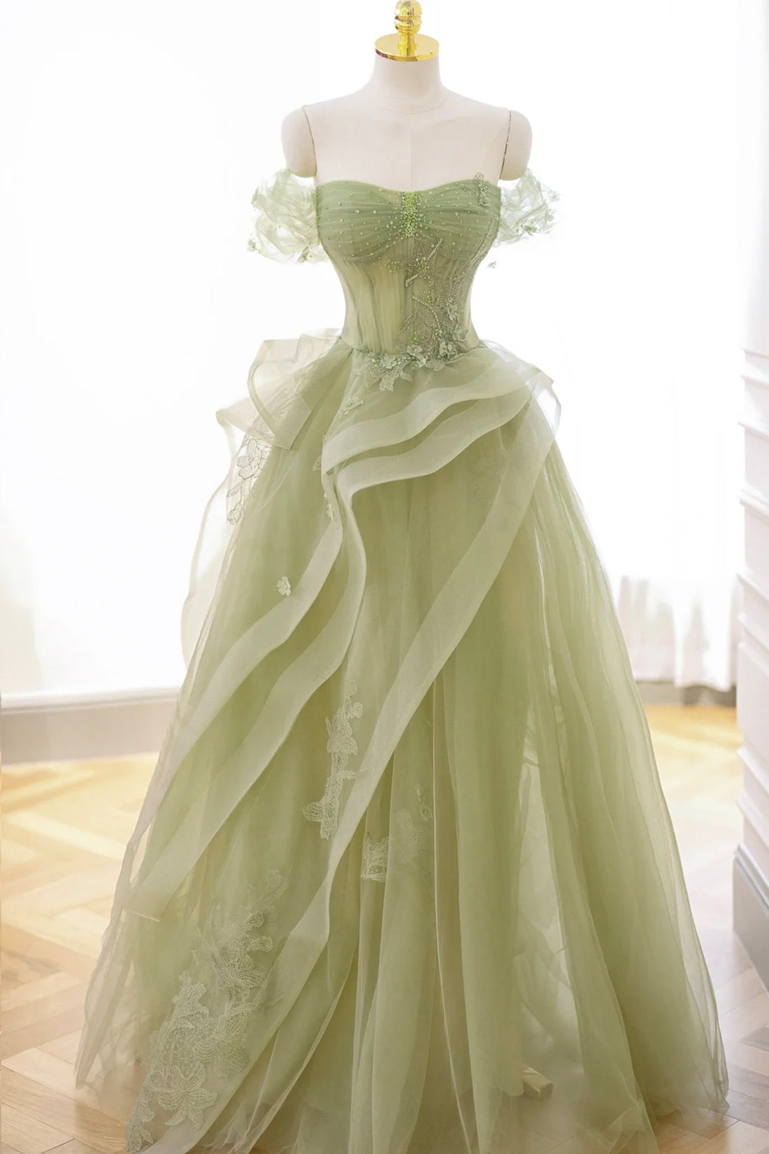 Green Tulle Lace Long Prom Dress with Corset, Green Formal Party Dress Green Tulle Lace Long Prom Dress with Corset, Green Formal Party Dress