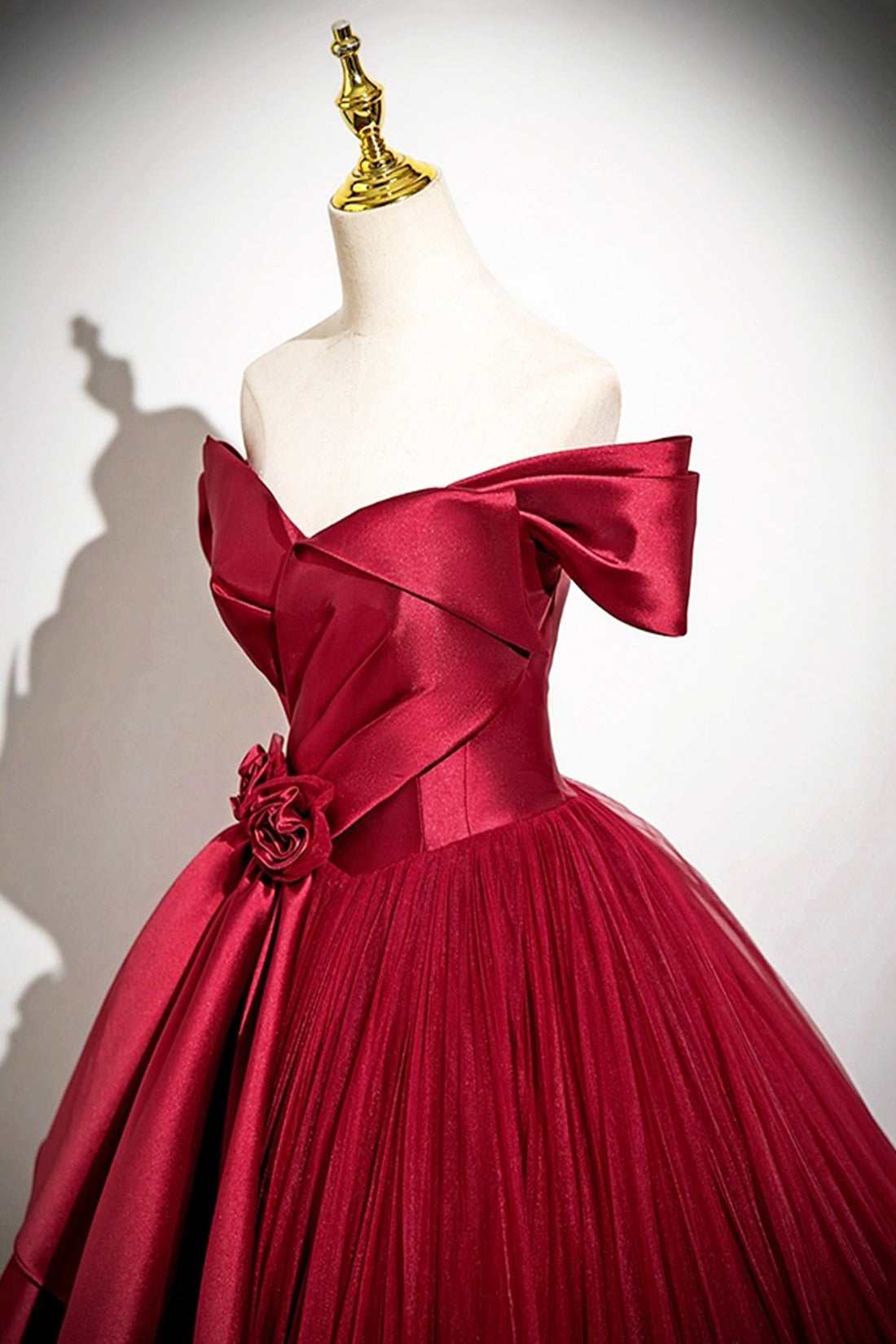 Burgundy Satin and Tulle Long Prom Dress, A-Line Off the Shoulder Party Dress