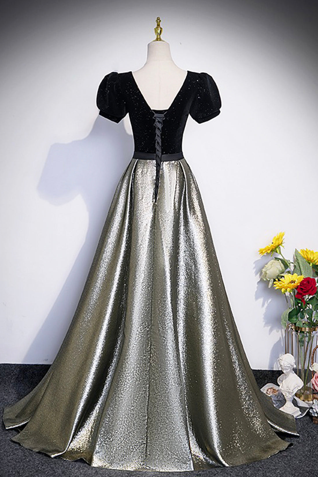 Black Velvet and Shiny Satin Long Prom Dress, Beautiful A-Line Evening Black Velvet and Shiny Satin Long Prom Dress, Beautiful A-Line Evening
