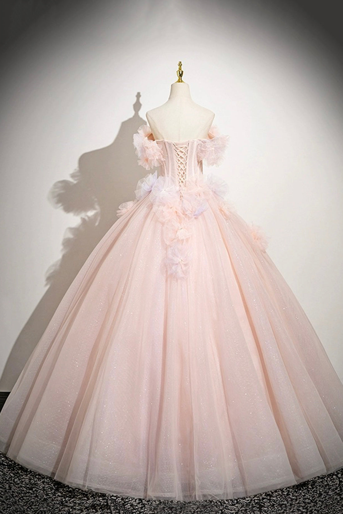 Pink Tulle Flower Long Princess Dress, Pink Off Shoulder Formal Evening Dress