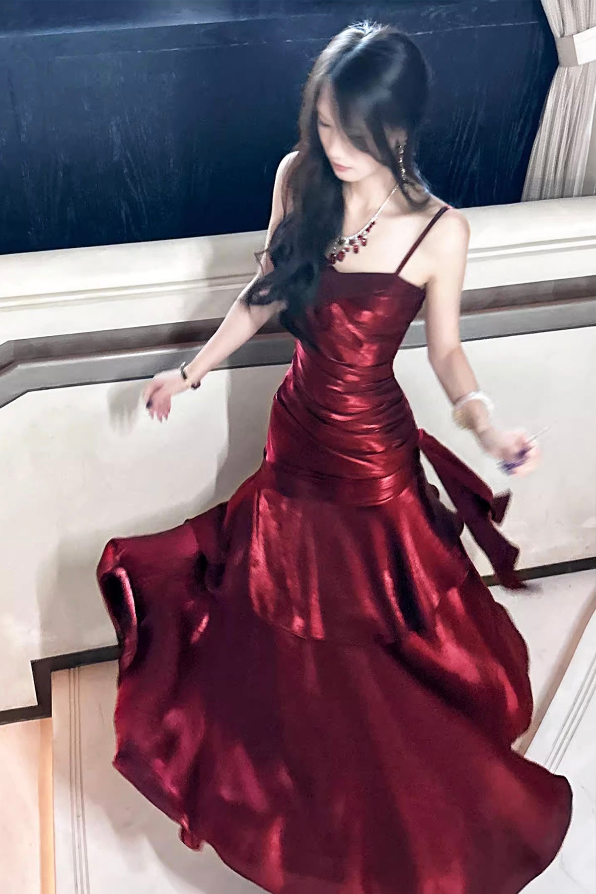 Burgundy Satin Spaghetti Strap Mermaid Evening Gown - Floor-Length Formal Prom Dress