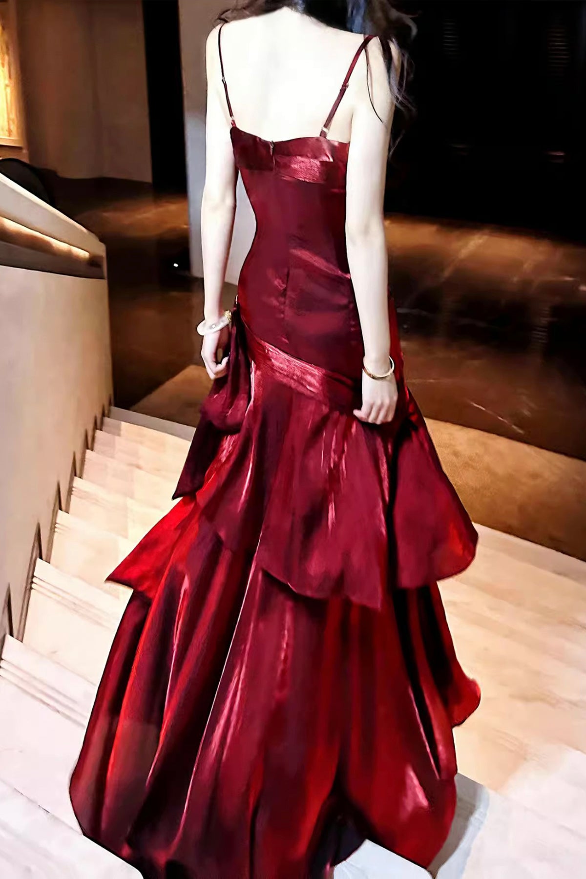 Burgundy Satin Spaghetti Strap Mermaid Evening Gown - Floor-Length Formal Prom Dress