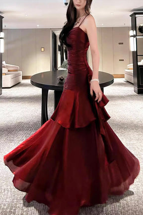 Burgundy Satin Spaghetti Strap Mermaid Evening Gown - Floor-Length Formal Prom Dress