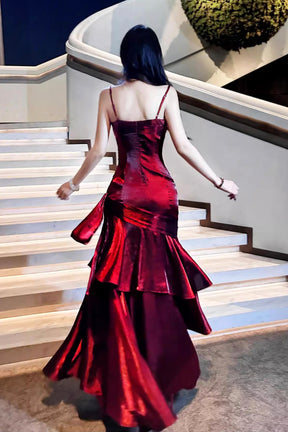 Burgundy Satin Spaghetti Strap Mermaid Evening Gown - Floor-Length Formal Prom Dress