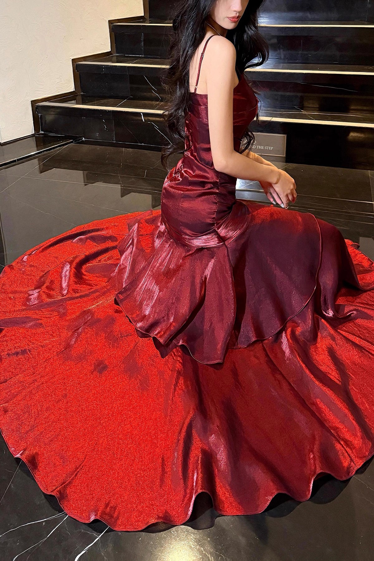 Burgundy Satin Spaghetti Strap Mermaid Evening Gown - Floor-Length Formal Prom Dress