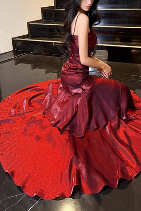 Burgundy Satin Spaghetti Strap Mermaid Evening Gown - Floor-Length Formal Prom Dress