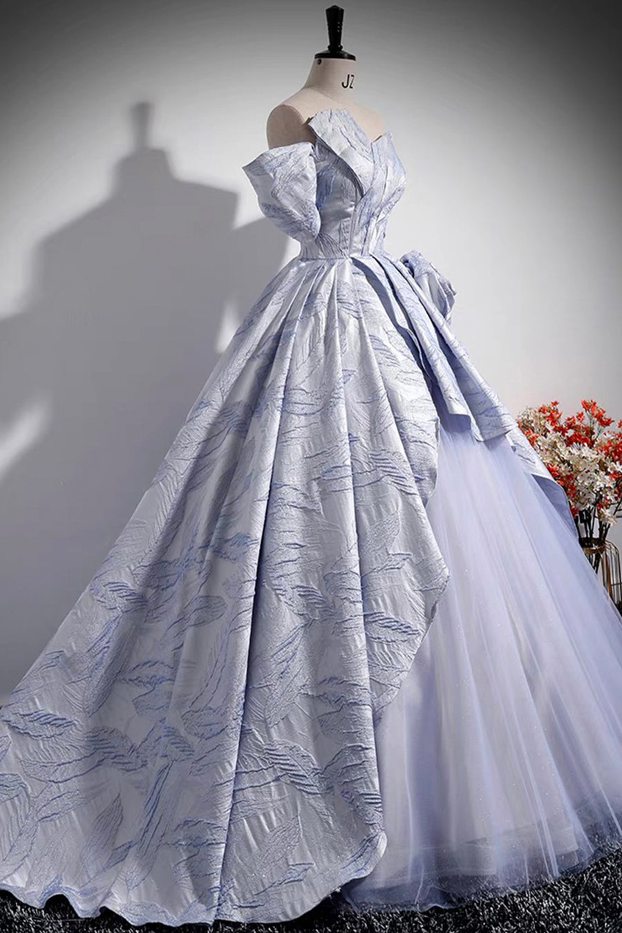 Blue Floor Length Tulle Prom Dress, Off the Shoulder A-Line Evening Pa