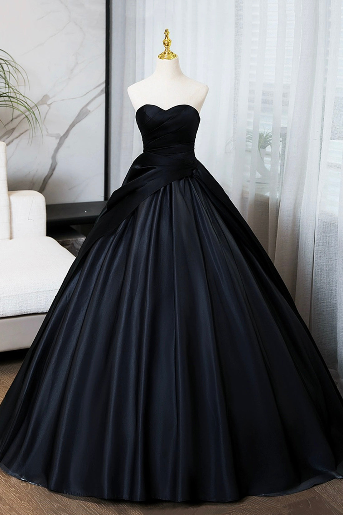 A-Line Black Floor Length Prom Dress, Black Strapless Formal Evening Dress