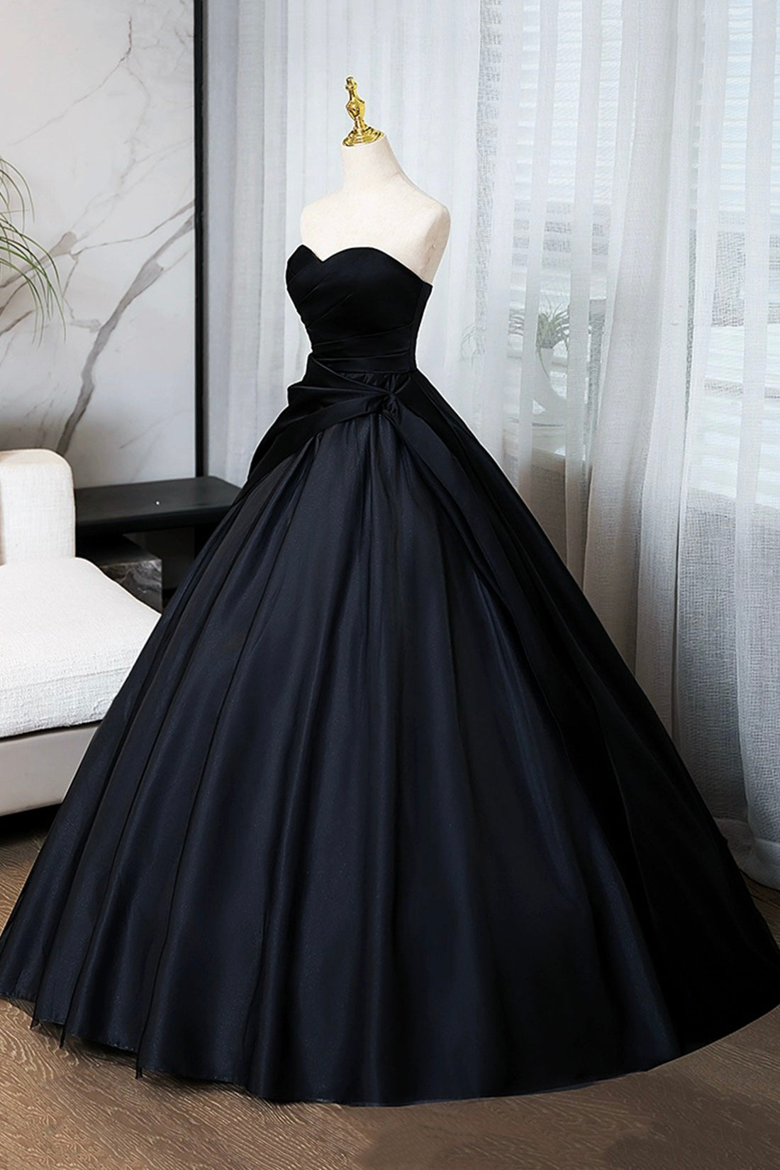 A-Line Black Floor Length Prom Dress, Black Strapless Formal Evening Dress