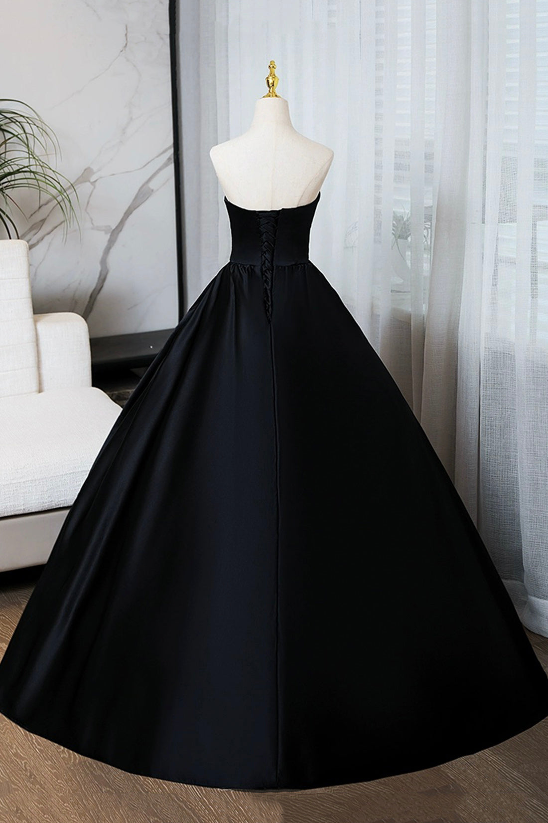 A-Line Black Floor Length Prom Dress, Black Strapless Formal Evening Dress