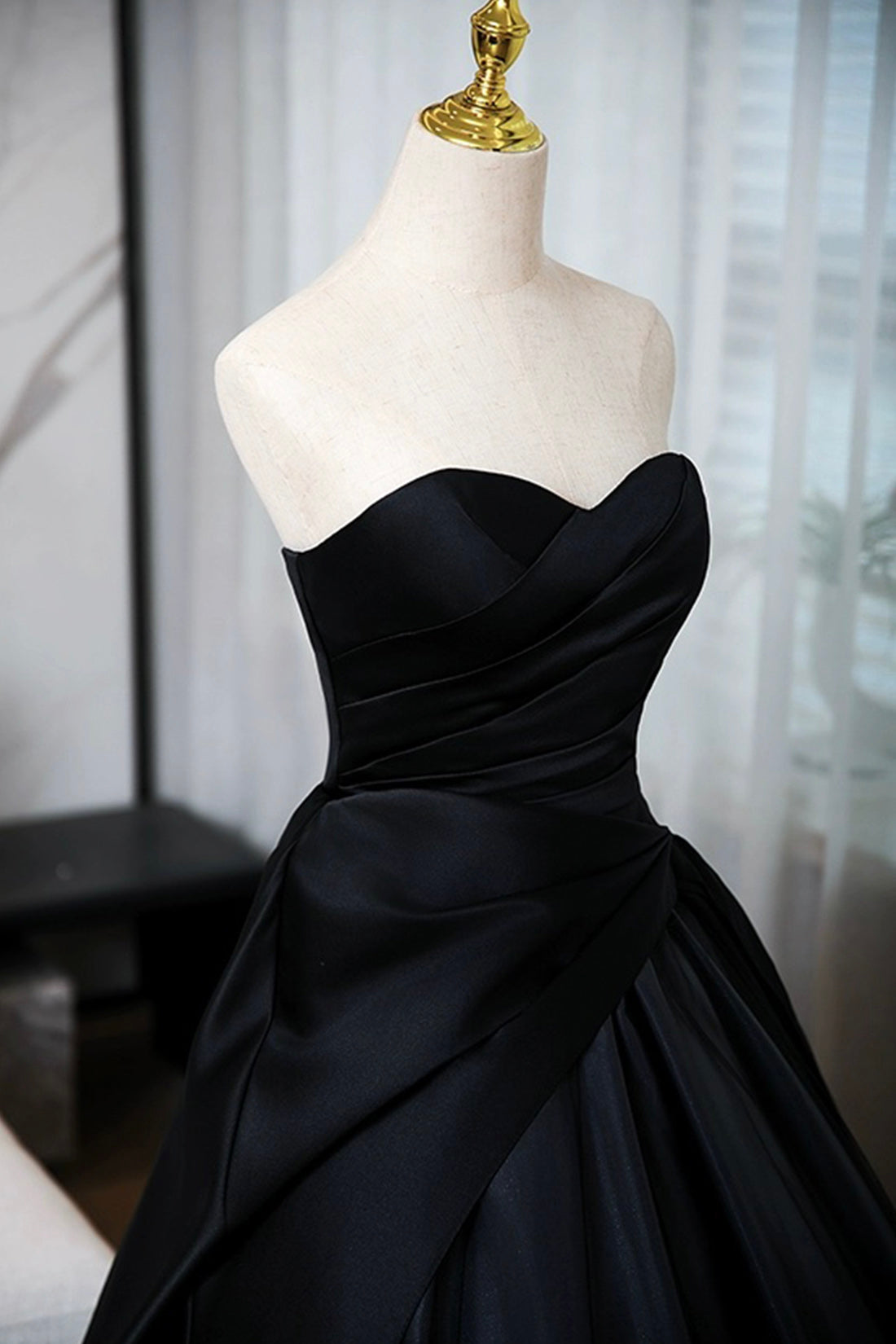 A-Line Black Floor Length Prom Dress, Black Strapless Formal Evening Dress