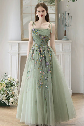 Beautiful Tulle Beads Long Prom Dress, Green Spaghetti Strap Backless Evening Party Dress