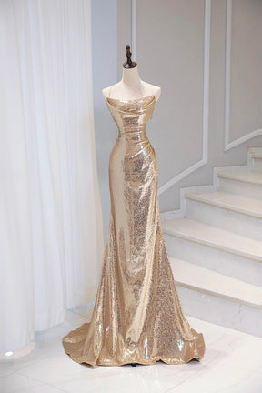 Mermaid Sequins Long Prom Dress, Gold Backless Evening Party Dress