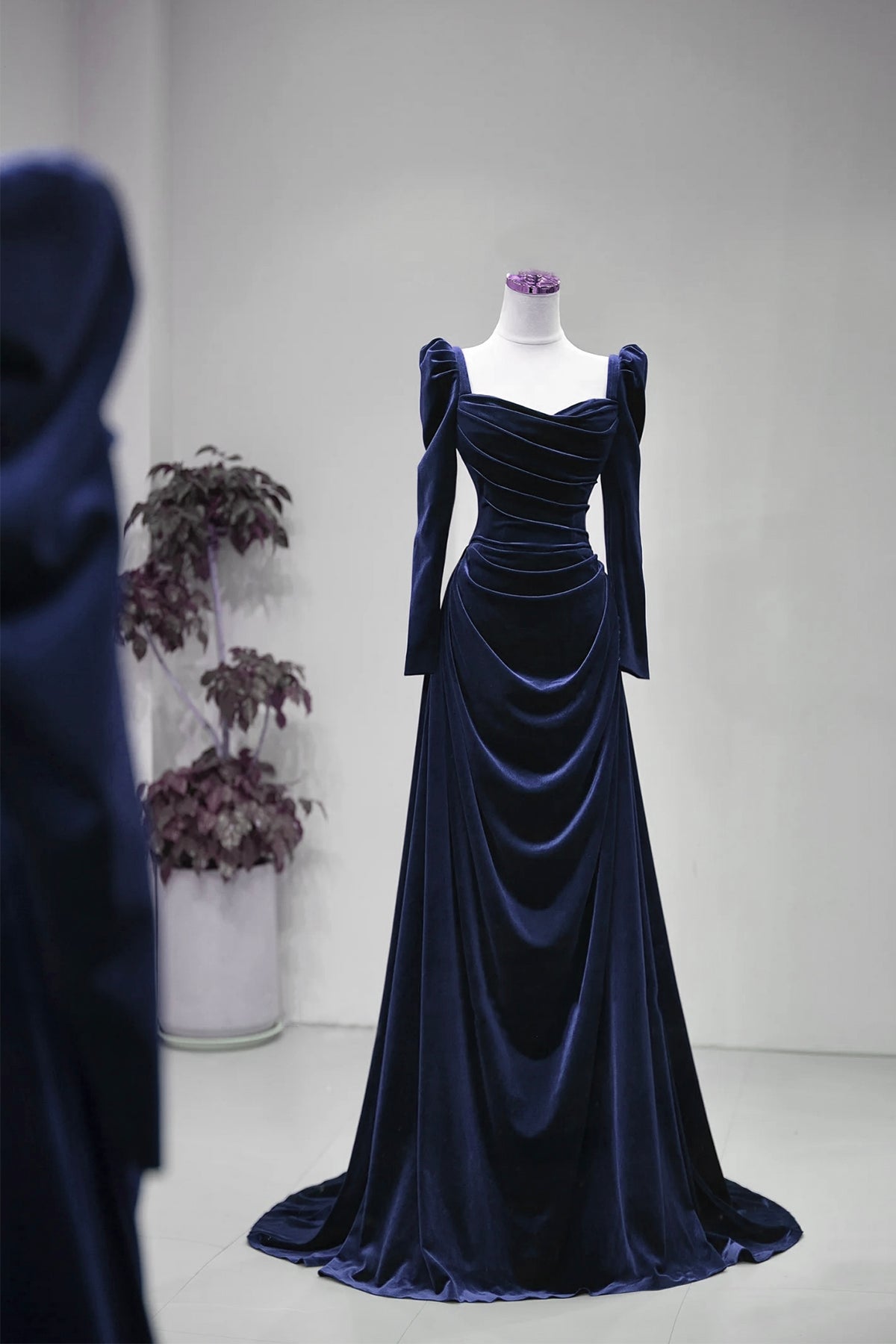 Navy Velvet Long Sleeve Prom Gown, A-Line Ruched Formal Evening Gown