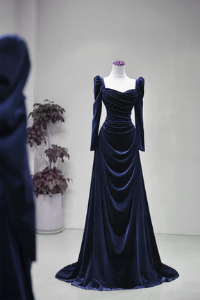 Navy Velvet Long Sleeve Prom Gown, A-Line Ruched Formal Evening Gown