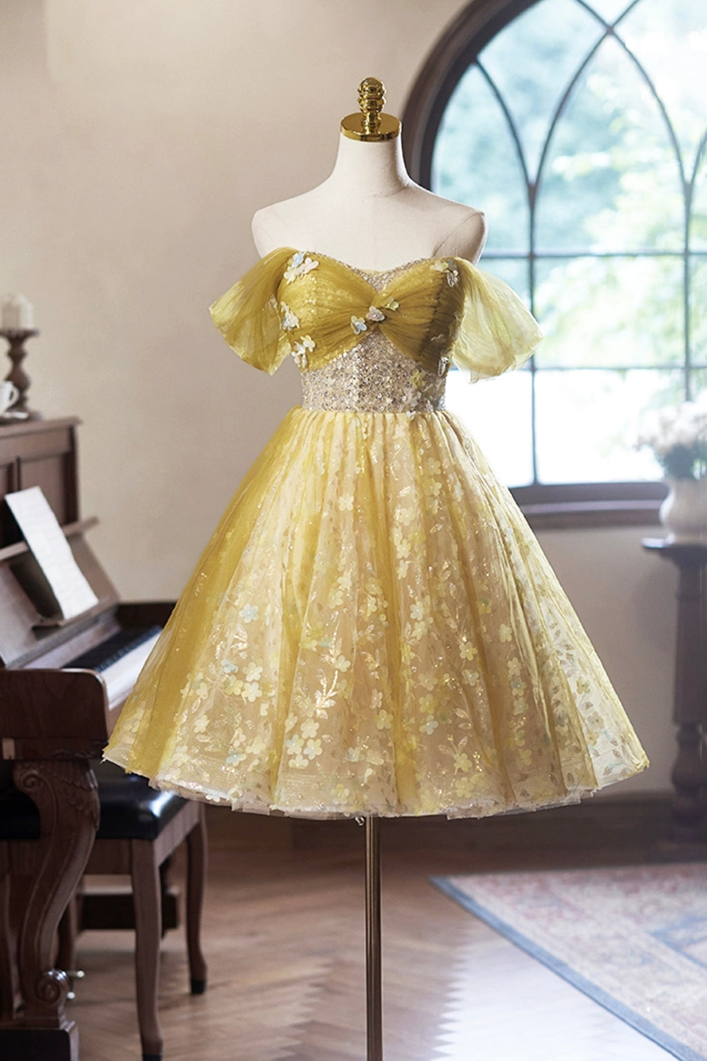 Yellow Floral Tulle Knee Length Prom Dress, Lovely A-Line Evening Part