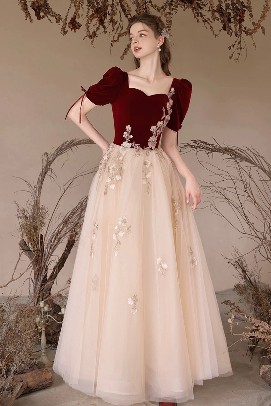 Burgundy Velvet and Champagne Tulle Long A-Line Prom Dress with Lace