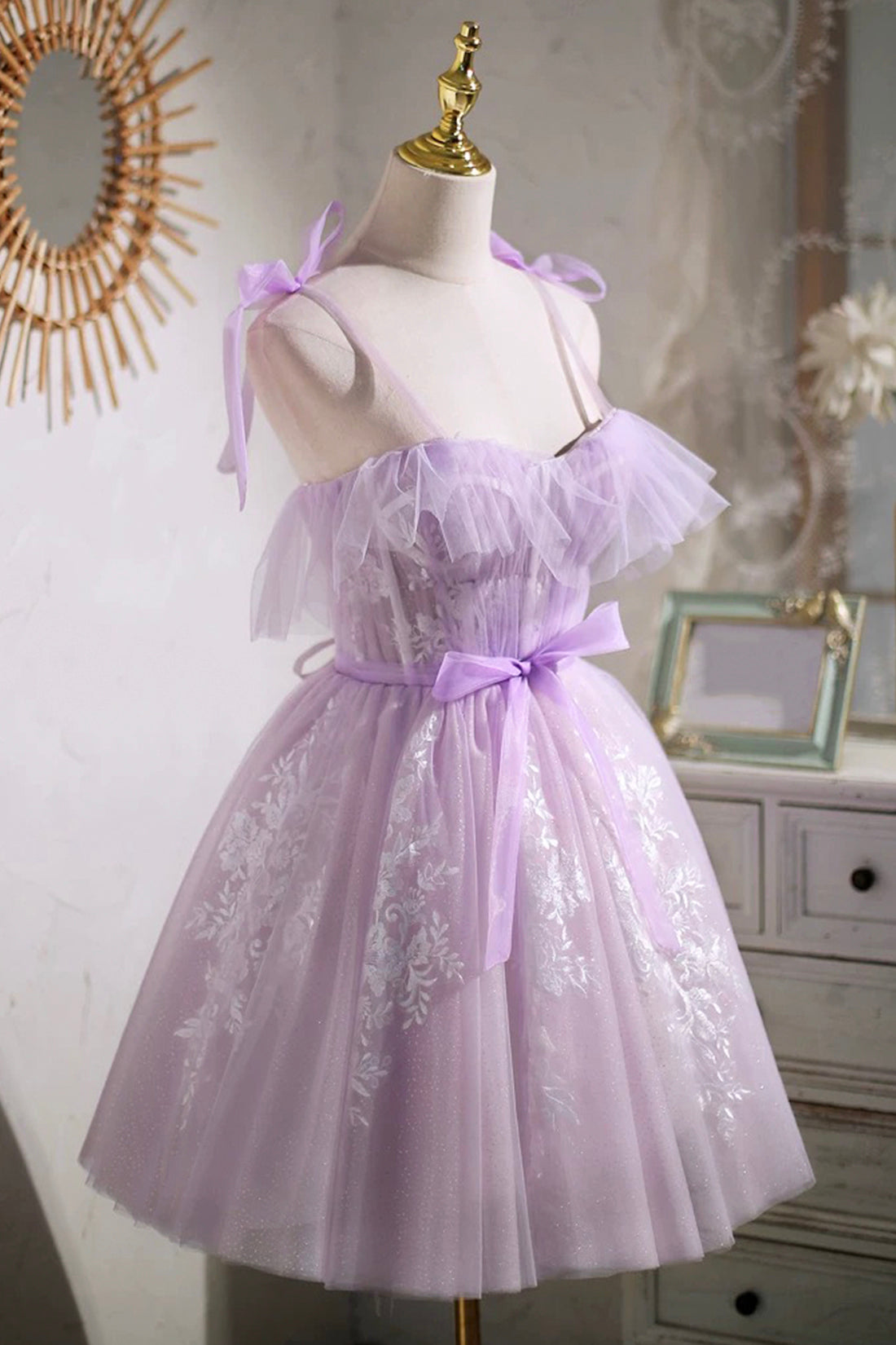 Lilac Spaghetti Strap Tulle Lace Short Prom Dress, Lovely A-Line Party Dress