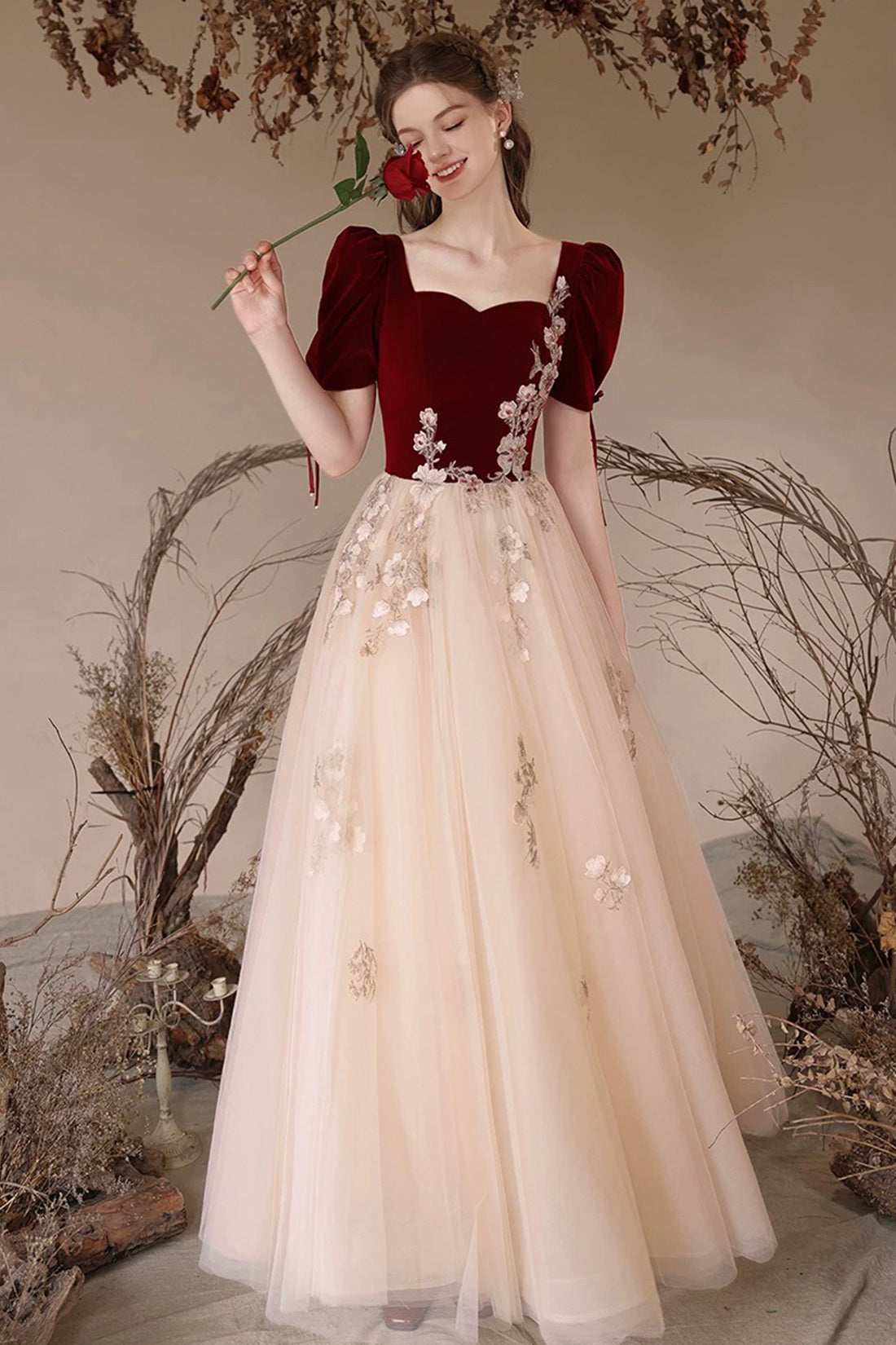 Burgundy Velvet and Champagne Tulle Long A-Line Prom Dress with Lace