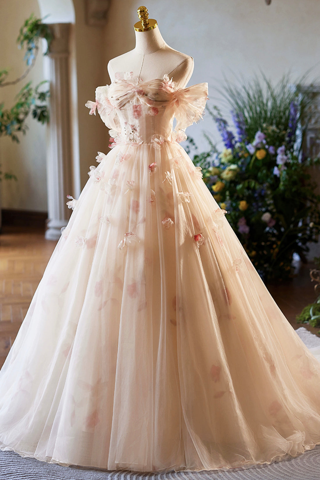 Elegant A-Line Tulle Floor Length Prom Dress, Champagne Off the Shoulder Party Dress