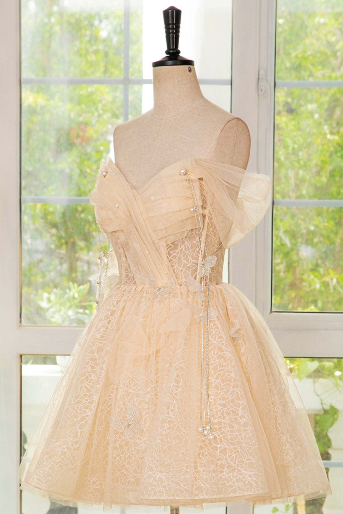 Champagne Tulle Knee Length Prom Dress, Lovely A-Line Party Homecoming Dress